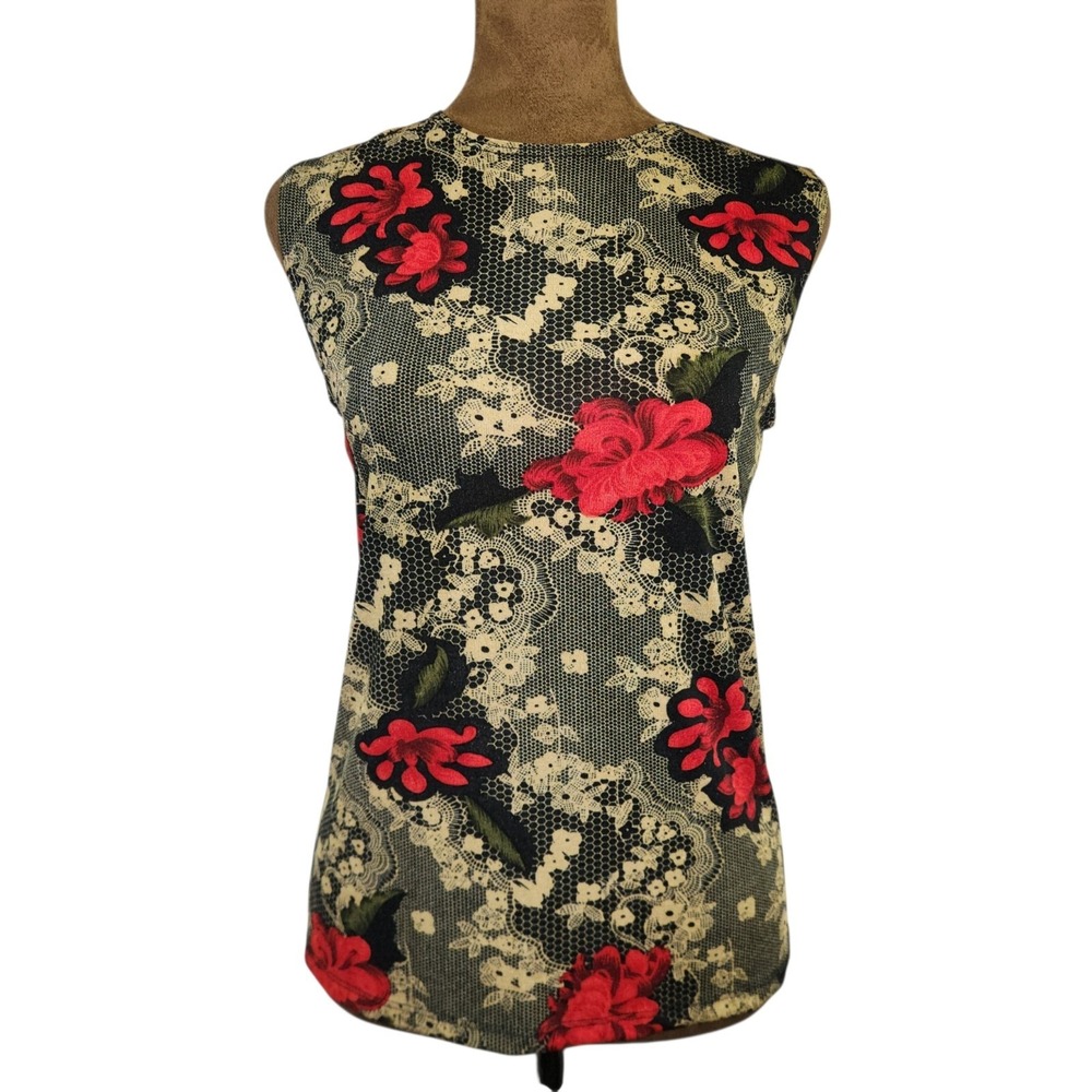 Vintage 90s Tank Top Lace Floral Pattern Size Medium Petite Stretch